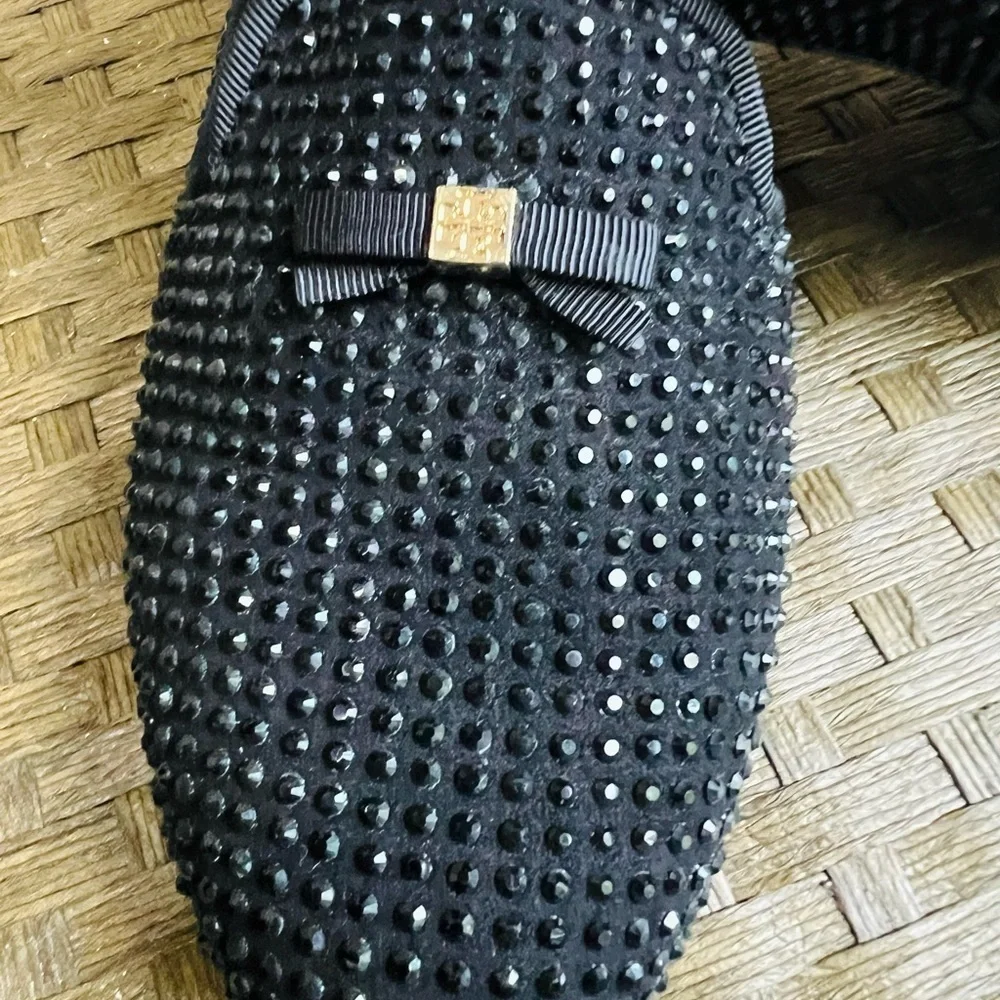 Tory Burch Black Studded Loafers with Gold Bow